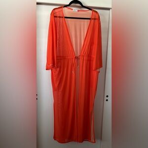 Elegant Sexy Vibrant Orange Sheer Cover-Up Swimwear Gold tie Women’s One Size